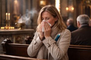 Kobieta z astmą kichająca w chusteczkę podczas nabożeństwa w kościele, widoczne świece i kadzidło w tle