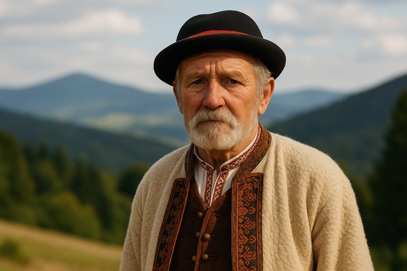Starszy Łemko w tradycyjnym stroju na tle Karpat – kultura i historia Łemków