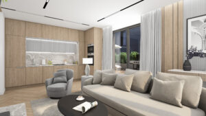 Nowoczesny salon z aneksem kuchennym w jasnych kolorach, drewniane zabudowy, minimalistyczne meble i duże przeszklenia z wyjściem na taras.