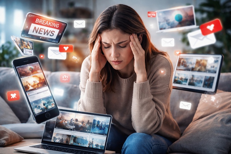 Młoda kobieta siedząca przy laptopie w domowym wnętrzu, wyglądająca na zmęczoną nadmiarem informacji, w spokojnym naturalnym świetle