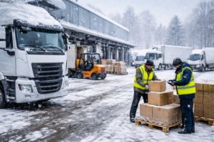 trudne miesiące dla branży logistycznej – zimowa praca magazynu, ciężarówki i pracownicy podczas załadunku w śnieżnych warunkach