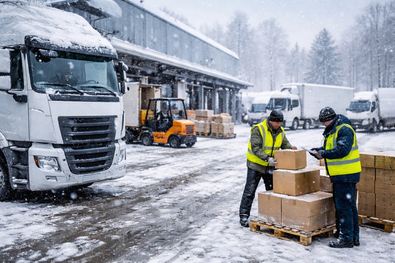 trudne miesiące dla branży logistycznej – zimowa praca magazynu, ciężarówki i pracownicy podczas załadunku w śnieżnych warunkach