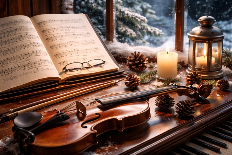 Zimowa scena muzyczna, fortepian i nuty w chłodnym, nastrojowym wnętrzu, światło wpadające przez okno z widokiem na śnieg