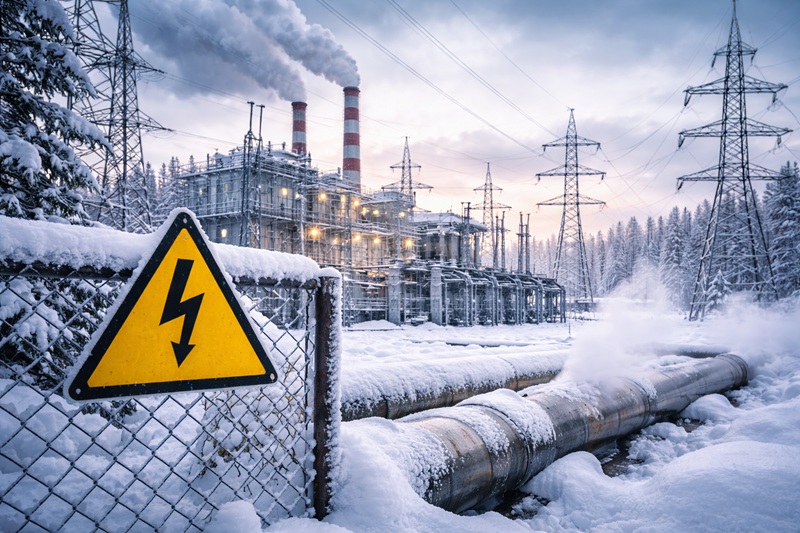 Bezpieczeństwo energetyczne zimą – elektrownia i linie przesyłowe w śnieżnym krajobrazie