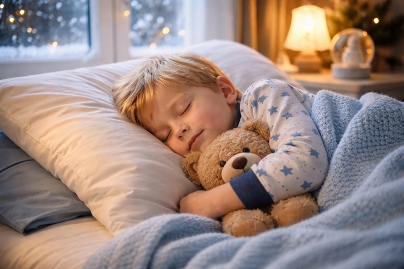 czy dzieci potrzebują więcej snu zimą podczas spokojnego snu dziecka przykrytego kołdrą w przytulnej sypialni