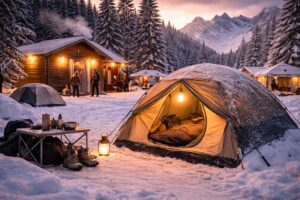 zimowe kempingi z infrastrukturą namiot na śniegu obok ogrzewanego budynku sanitarnego