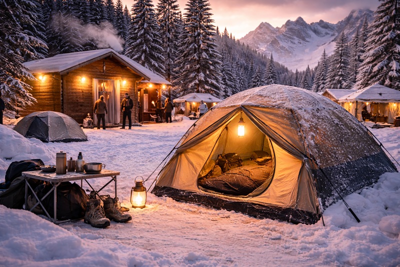 zimowe kempingi z infrastrukturą namiot na śniegu obok ogrzewanego budynku sanitarnego