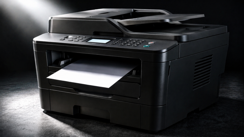 czarna drukarka laserowa brother drukująca kartkę w wysokiej jakości studio