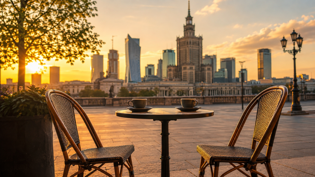 Dwa puste krzesła przy stoliku kawiarnianym na tle panoramy Warszawy o zachodzie słońca.